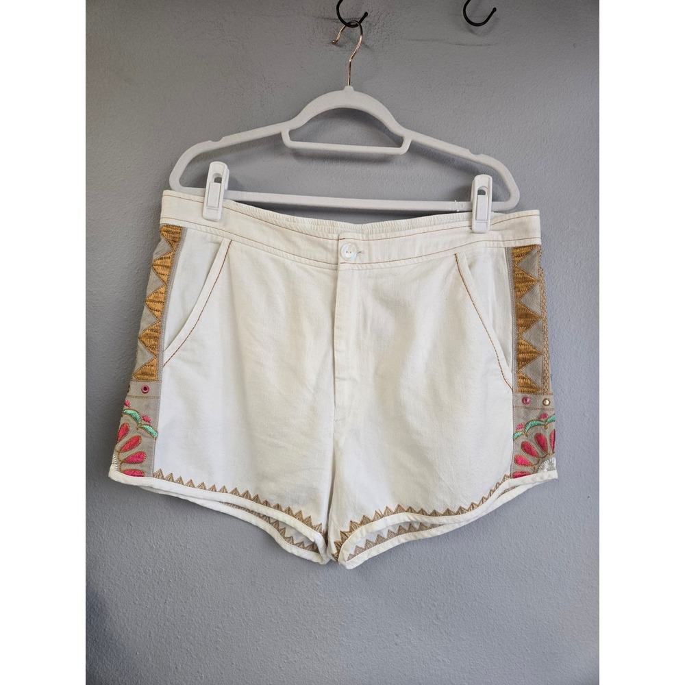 Anthropologie Boho Embroidered High Rise Linen Blend Shorts White Size 14